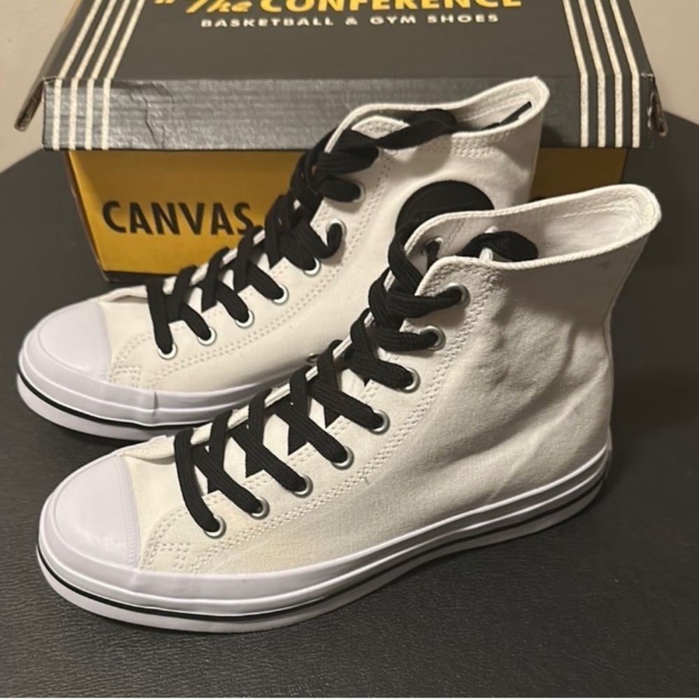 NWOT Hood Conference White & Black High Top Canvas Sneakers with Rubber Toe Cap